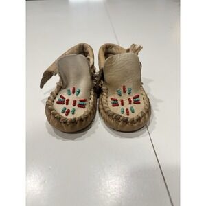 Vintage Handmade Beaded Leather Infant Baby Moccasins / Possible Doll Moccasins